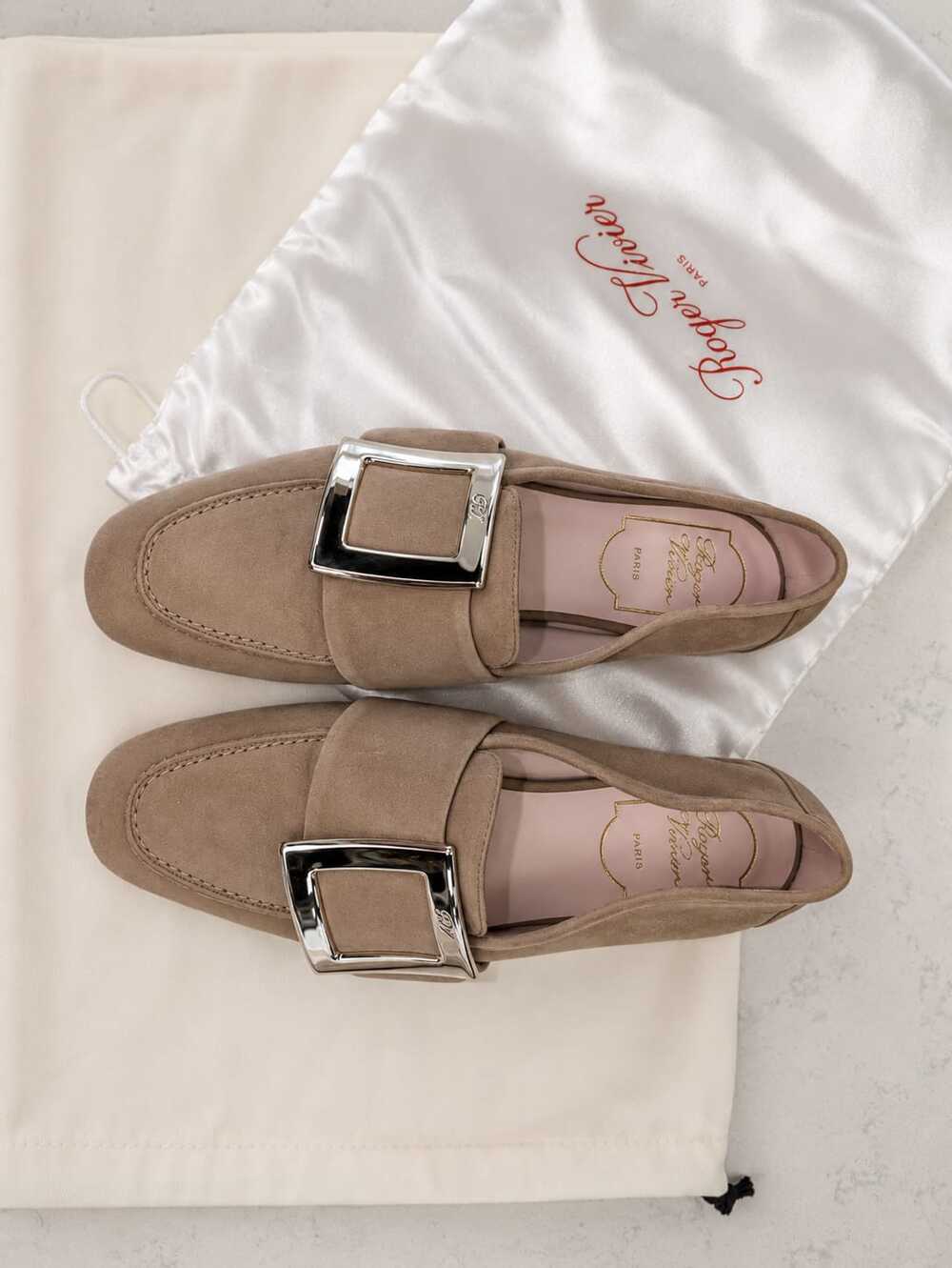 Roger Vivier Suede Loafers with Buckle, Beige, 36.5